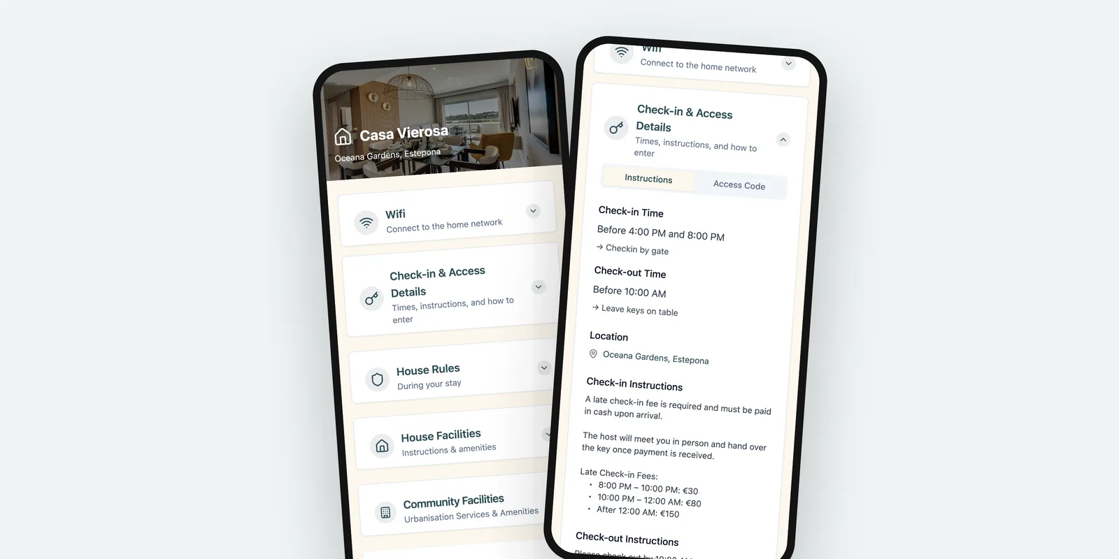 A guest page on two phones: the welcome screen with Wi-Fi, and the check-in section