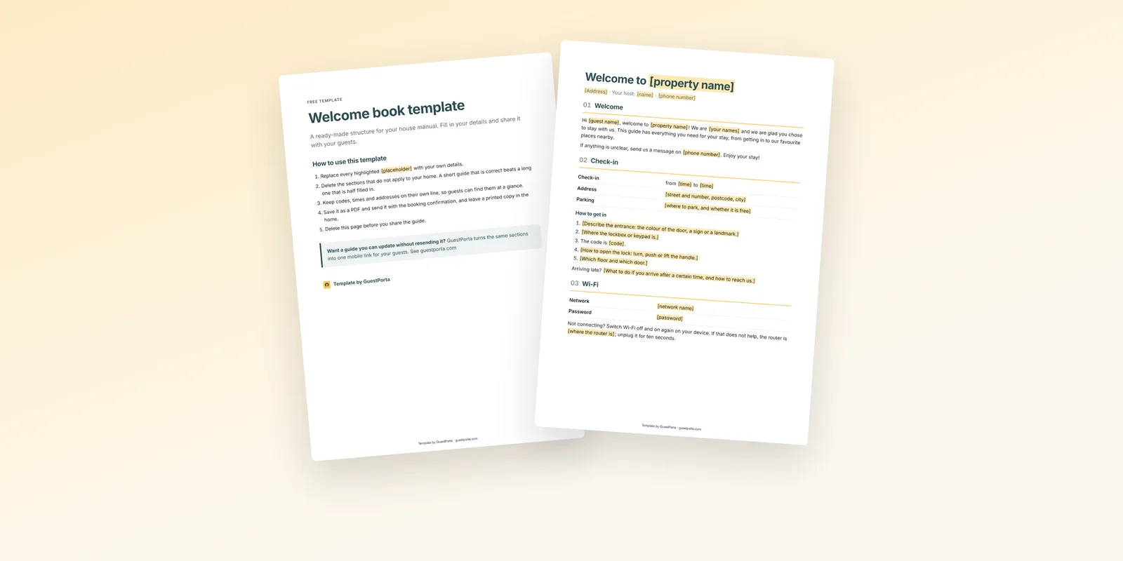 Two pages of the free welcome book template