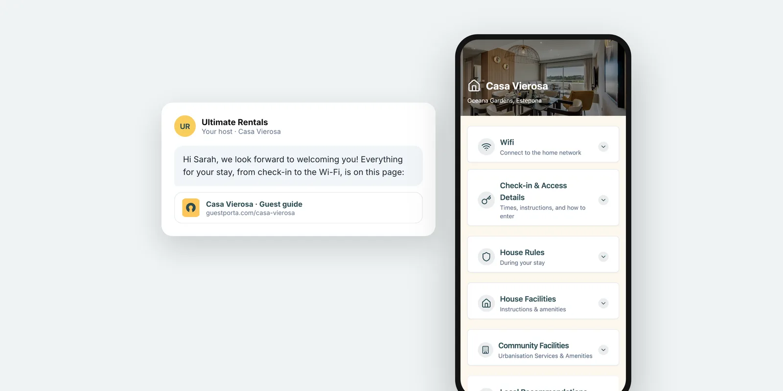 A host message with a link to the guest page, next to the guest page on a phone