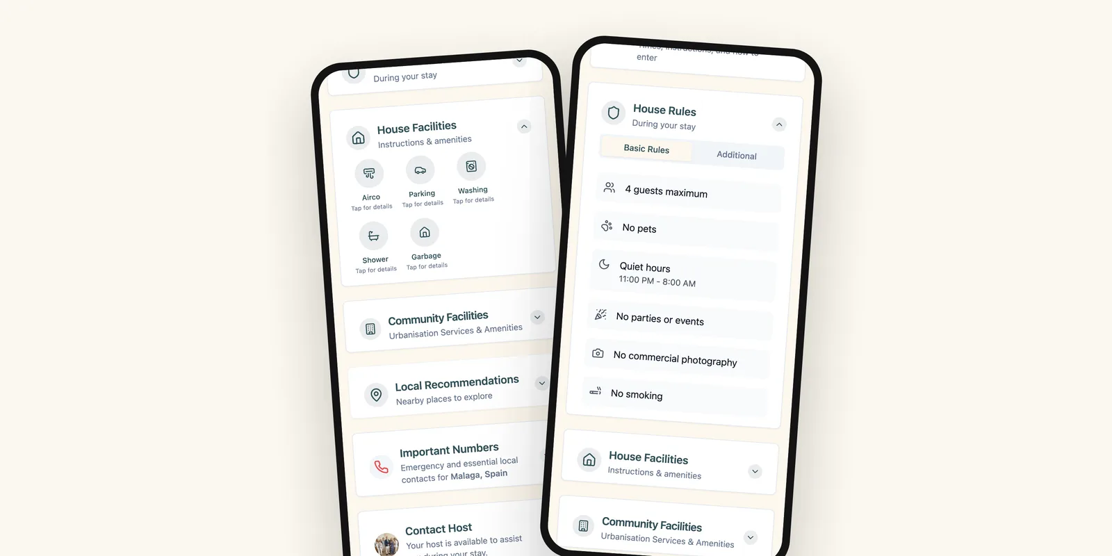 Two phones with the house facilities and the house rules of a guest page