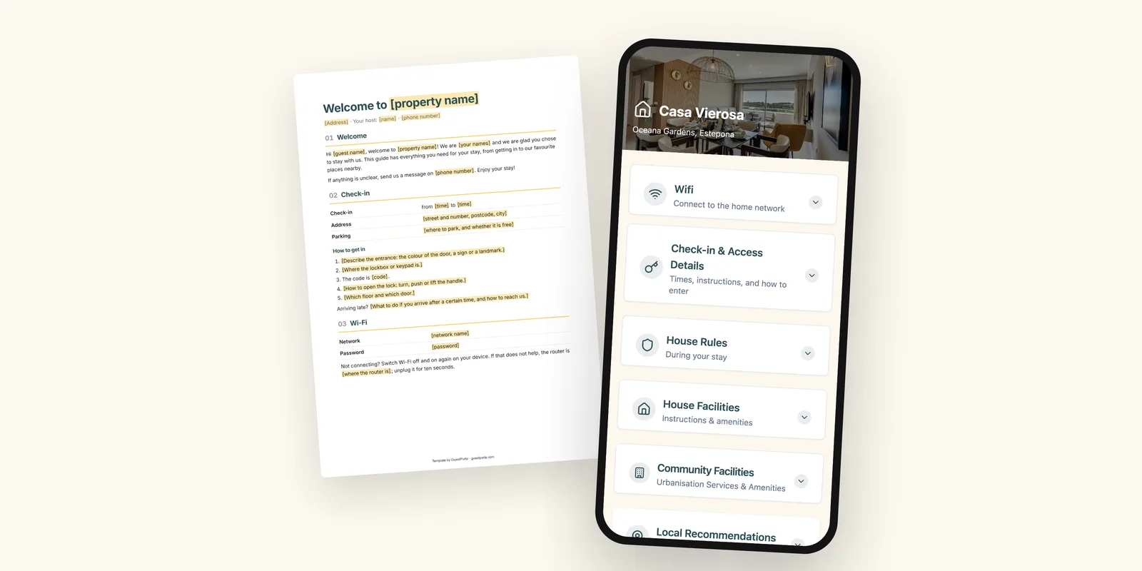 A printed welcome book page next to a digital guest page on a phone