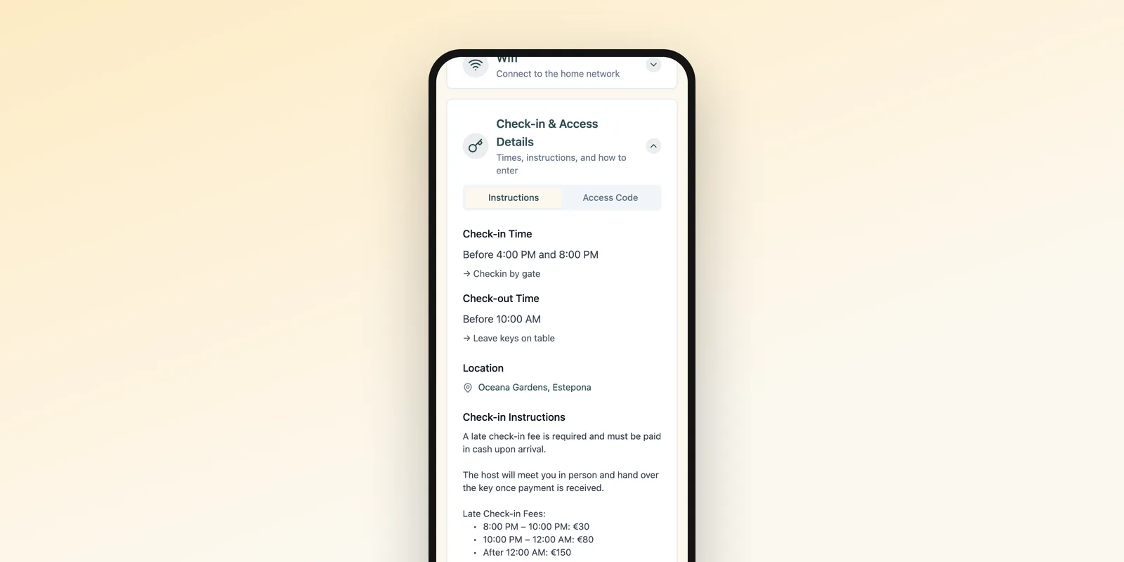 The check-in and access section of a guest page on a phone