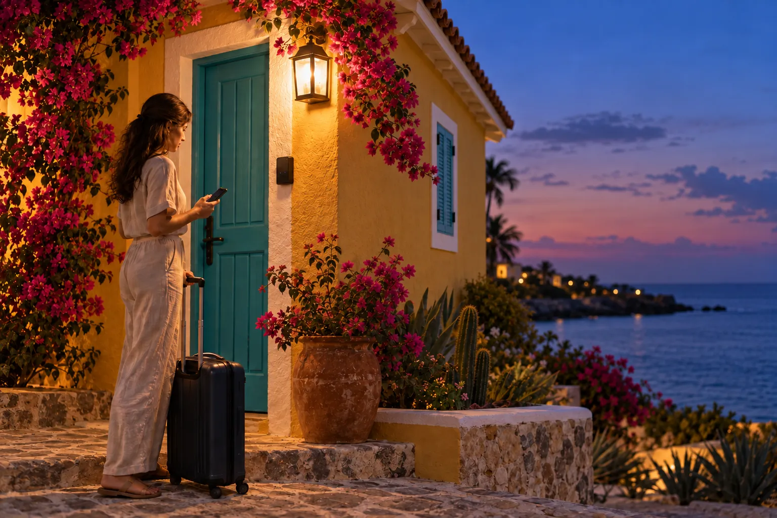 A guest with a suitcase at the front door of a holiday home at dusk, phone in hand