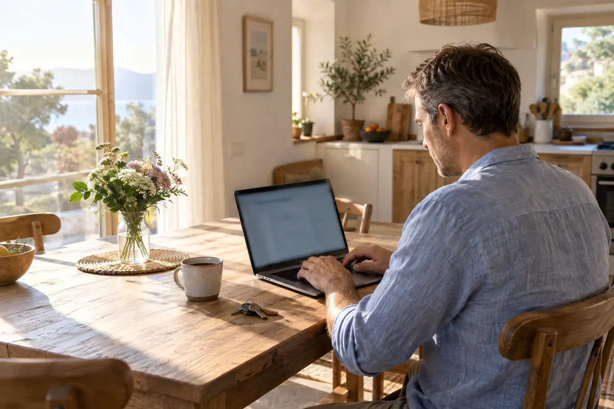 A host at the kitchen table of a holiday home, updating the guest page on a laptop