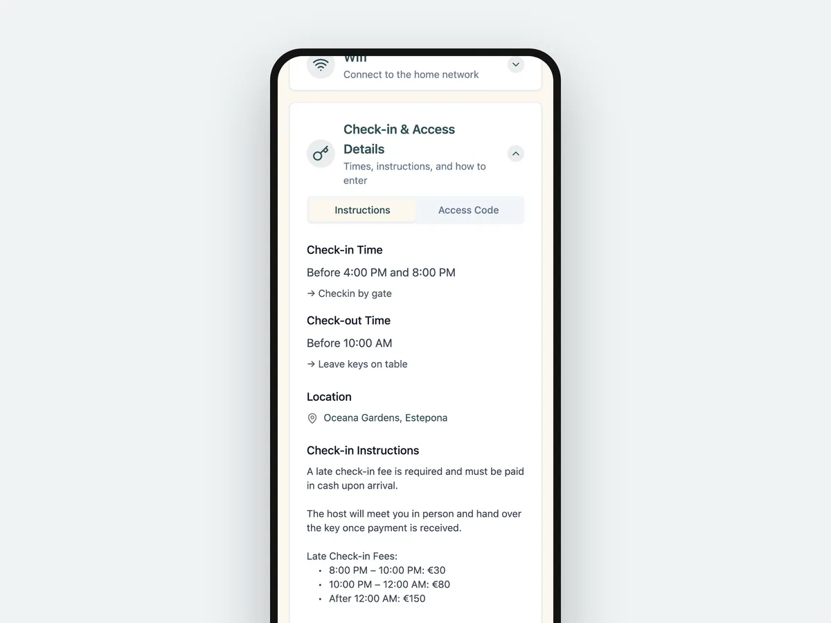 The check-in and access section of a guest page on a phone