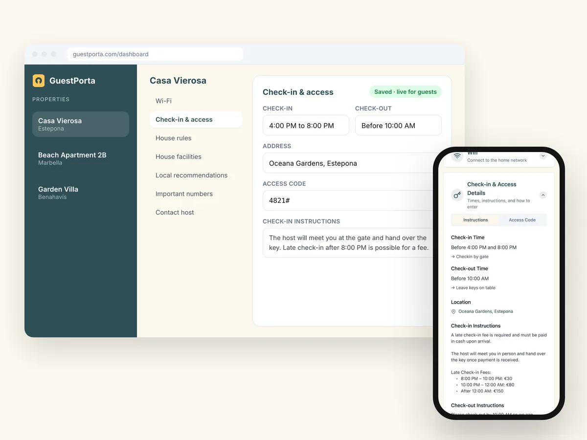 Design preview of the GuestPorta dashboard with several properties, next to the guest page on a phone