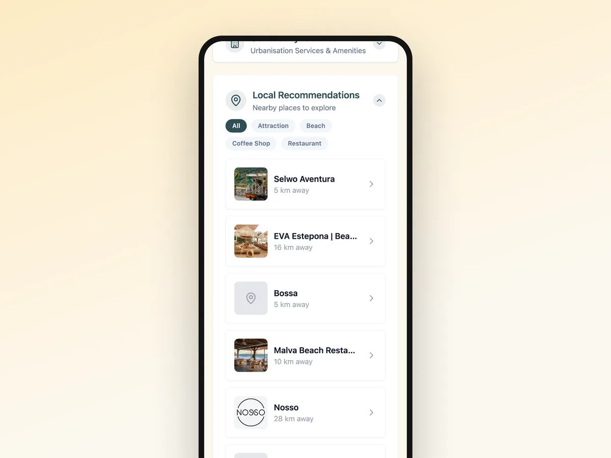 Local recommendations with photos and distances on a guest page