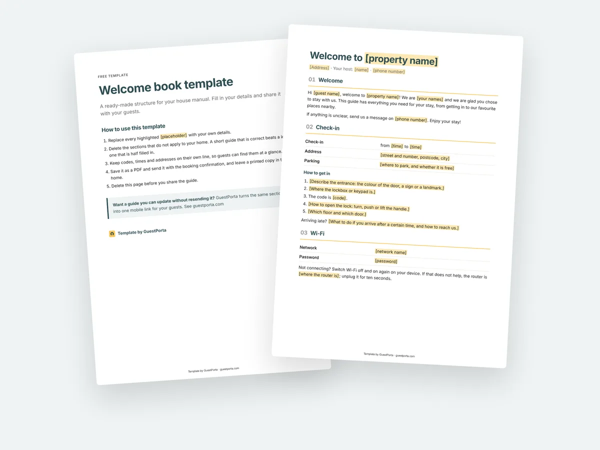 Two pages of the free welcome book template, with highlighted fields to fill in