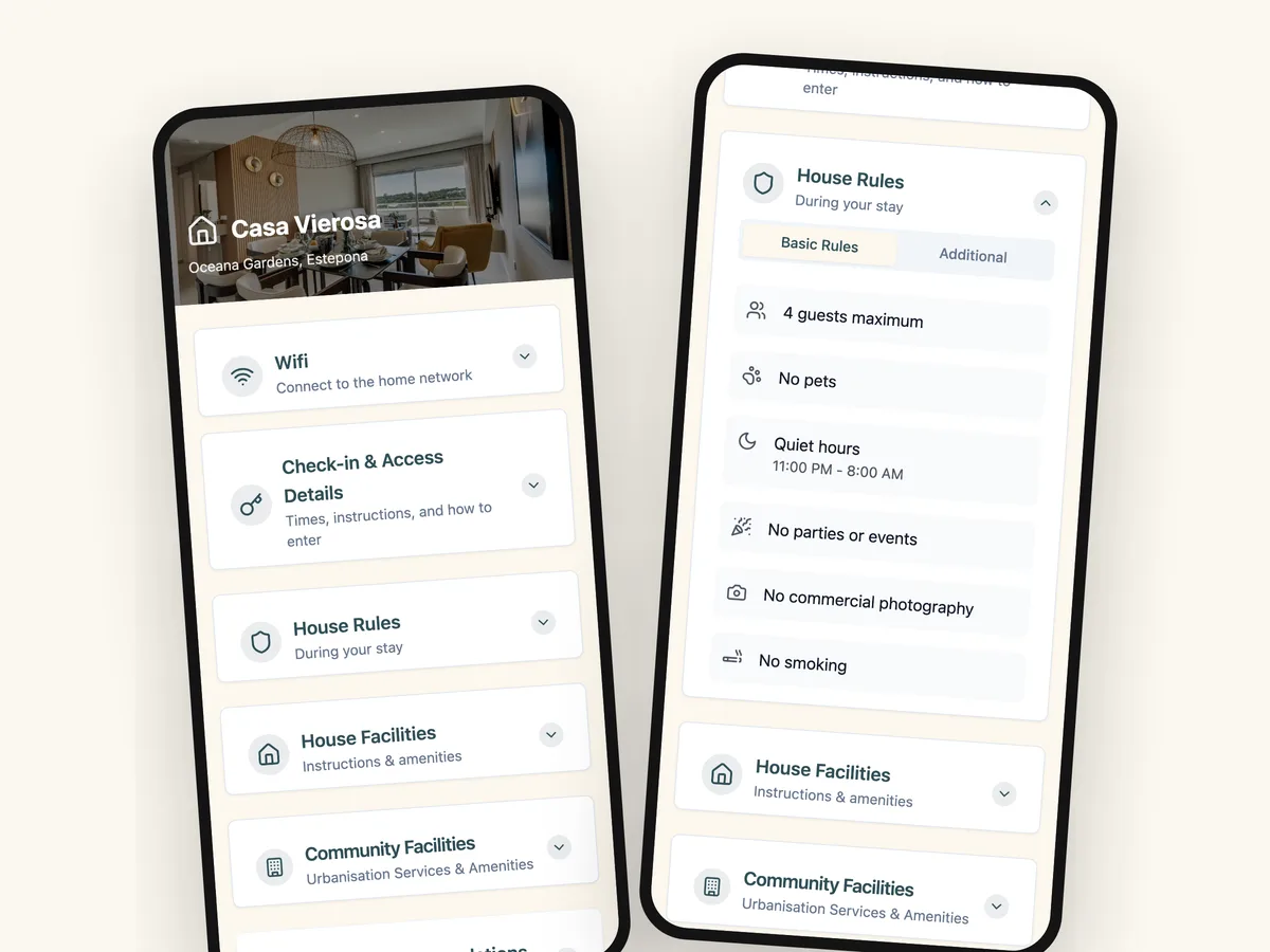 Two phones showing the Wi-Fi and the house rules sections of a guest page